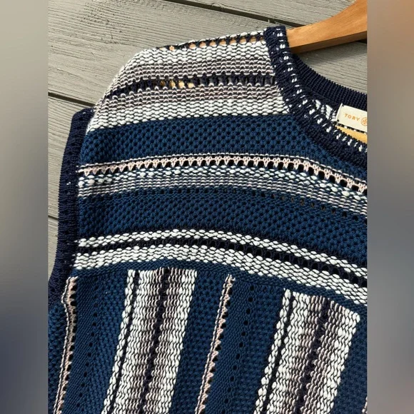 Tory Burch Women’s Navy Pink White Cotton Linen Scoop Neck Sweater Vest Small - Picture 3 of 9